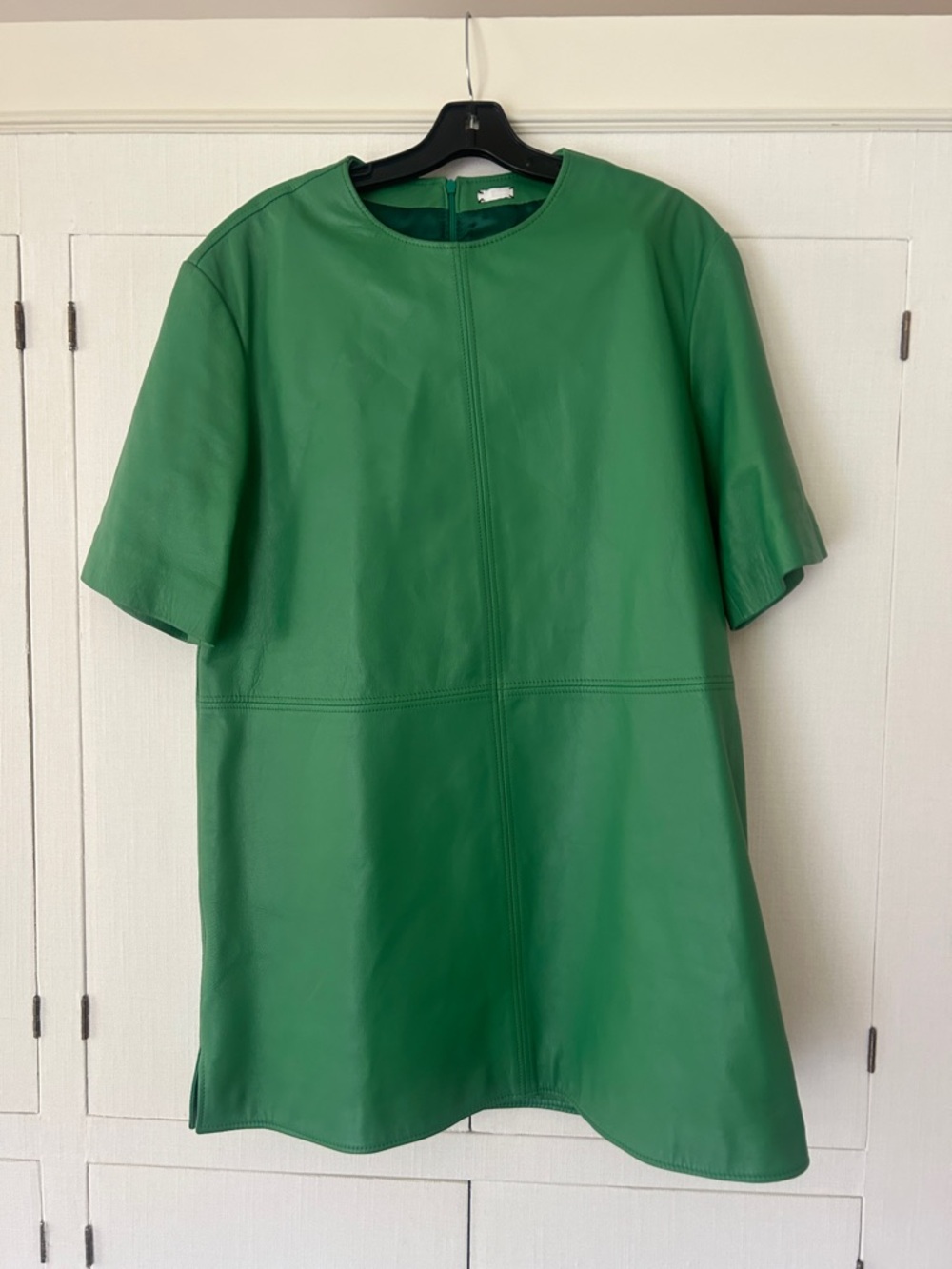 Green Leather Short-Sleeve Shift Dress